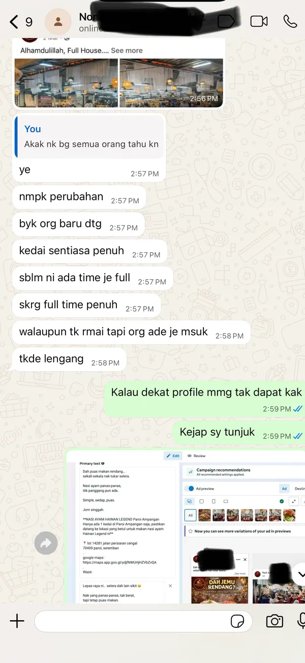 WhatsApp feedback dari client Restoran Nasi Ayam — kedai sentiasa penuh